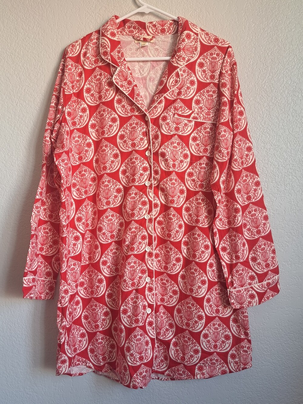 World Market Red White Bohemian Printed Button Down Longsleeve Night Gown L/XL